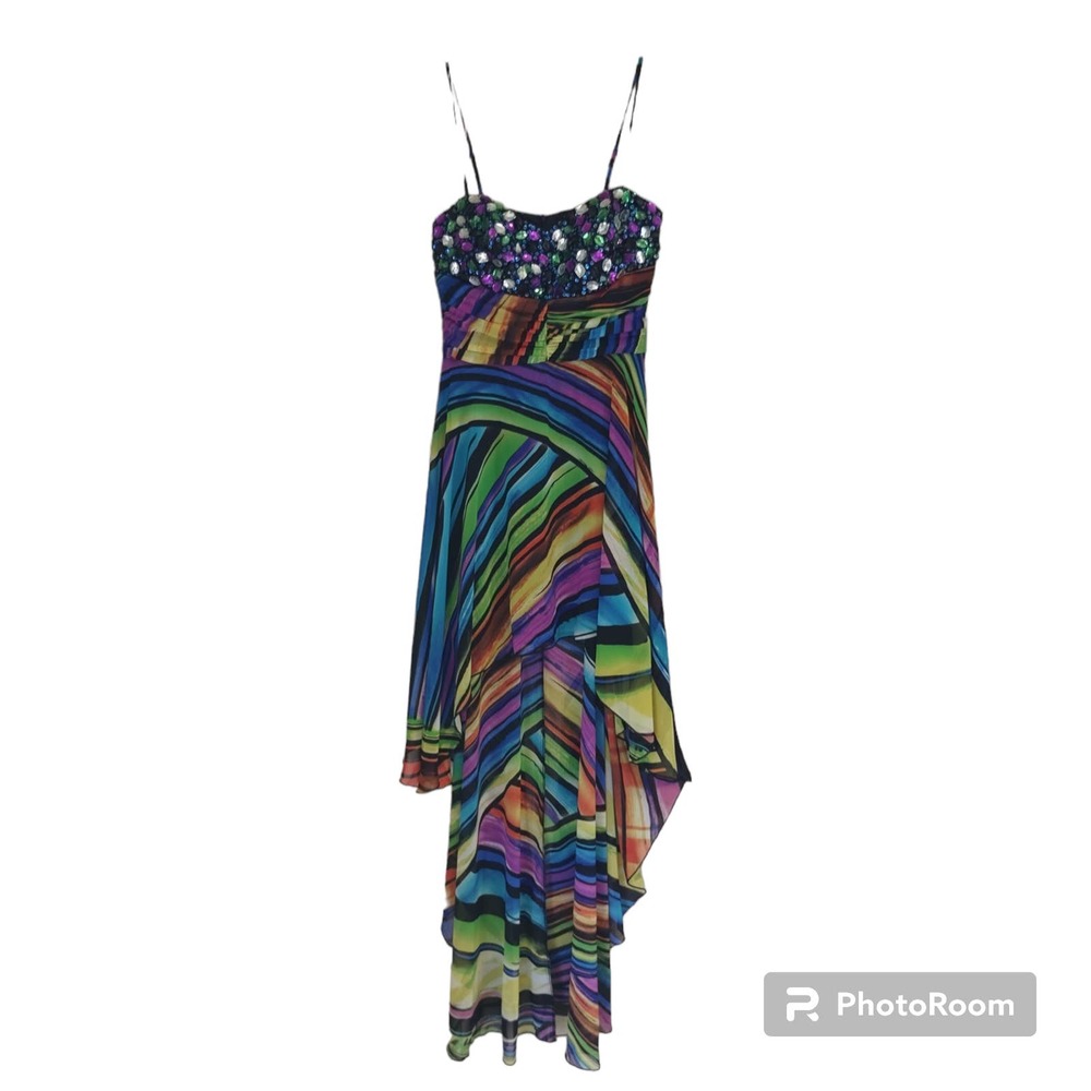 Be Darlin High Low Jeweled Rhinestone Coorful Rainbow Striped Strappy Dress